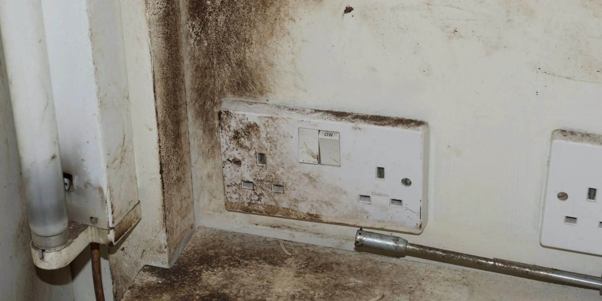 Mould and grime contamination around a wall socket before sanitation